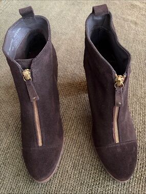 Women's Dark Brown Suede Front-Zip Ankle Booties with Gold Hardware